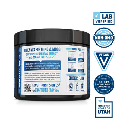 Zhou Nutrition Daily Blues supplement with label, plus icons for Lab Verified, Non-GMO, Vegan & superfood powder.