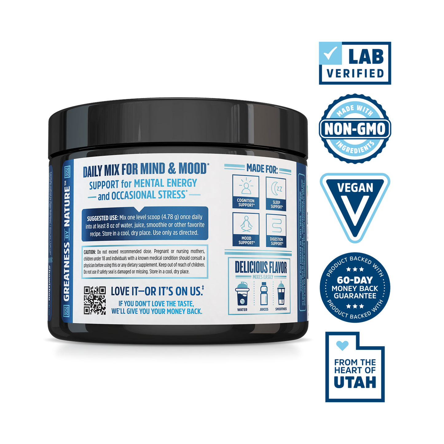 Zhou Nutrition Daily Blues supplement with label, plus icons for Lab Verified, Non-GMO, Vegan & superfood powder.