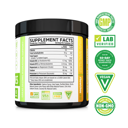 Zhou Nutrition Hydro-Fuel Gummies: Hydration, GMP certified, Lab Verified, Vegan, and Gluten Free.