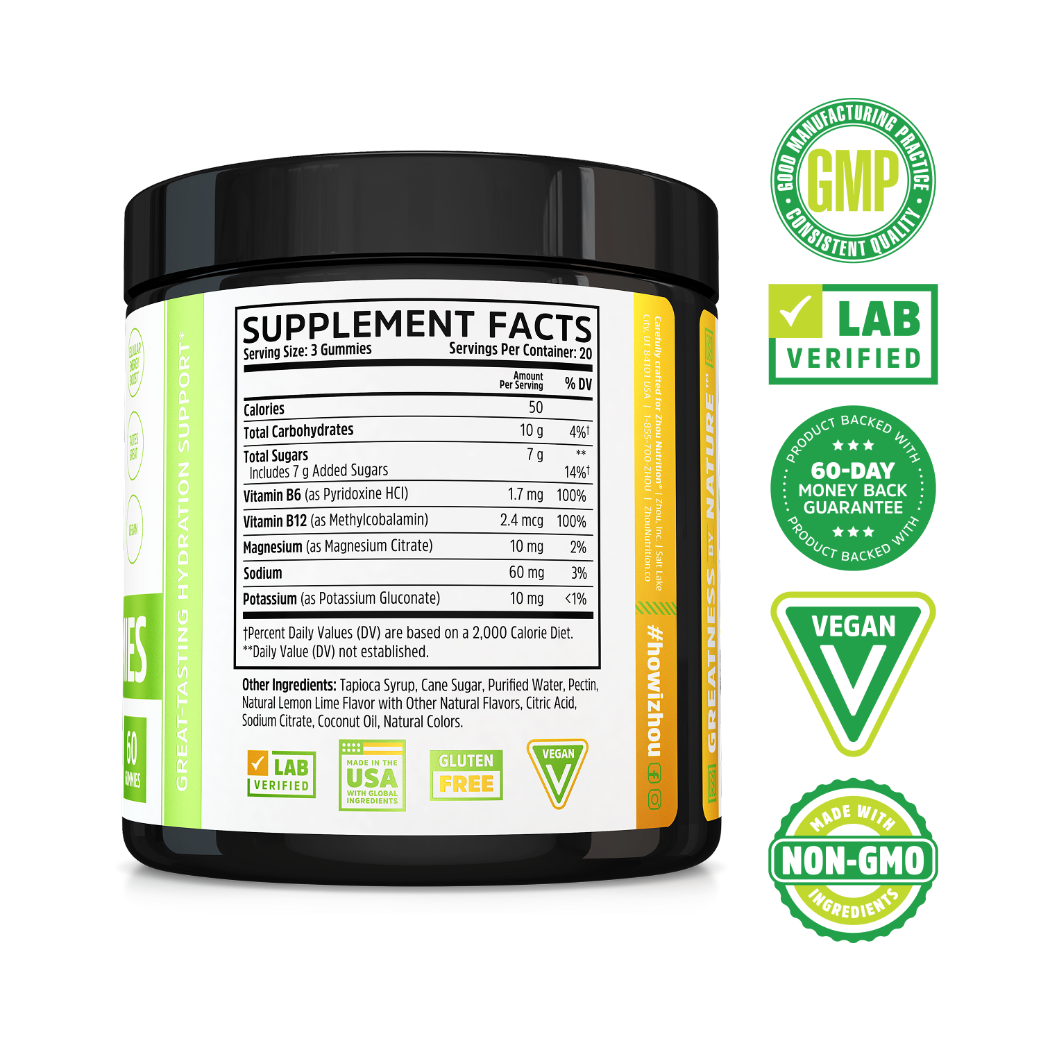 Zhou Nutrition Hydro-Fuel Gummies: Hydration, GMP certified, Lab Verified, Vegan, and Gluten Free.