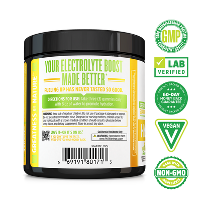 A Zhou Nutrition Hydro-Fuel Gummies container with product info, vegan hydration, and money-back guarantee badges.