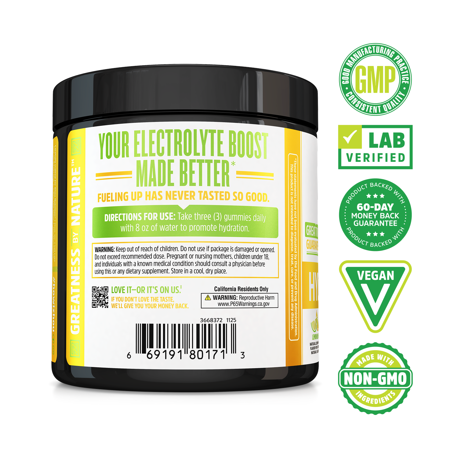 A Zhou Nutrition Hydro-Fuel Gummies container with product info, vegan hydration, and money-back guarantee badges.