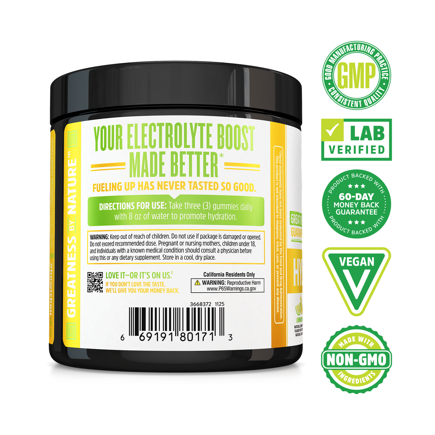 A Zhou Nutrition Hydro-Fuel Gummies container with product info, vegan hydration, and money-back guarantee badges.