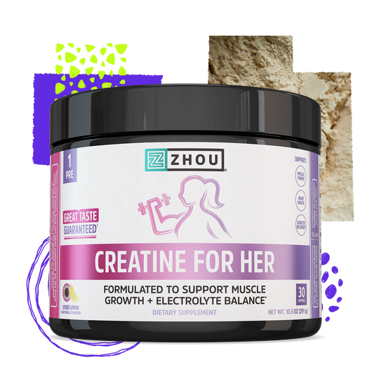 A Zhou Nutrition Creatine for Her container with a pink accent, designed for muscle growth and workout support.