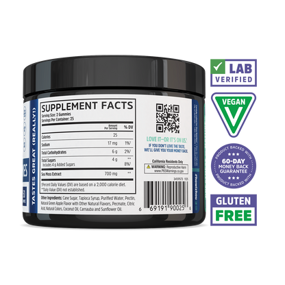 Zhou Nutrition Irish Sea Moss Gummies feature nutrition facts and badges for wellness, lab verified, vegan, and gluten free.