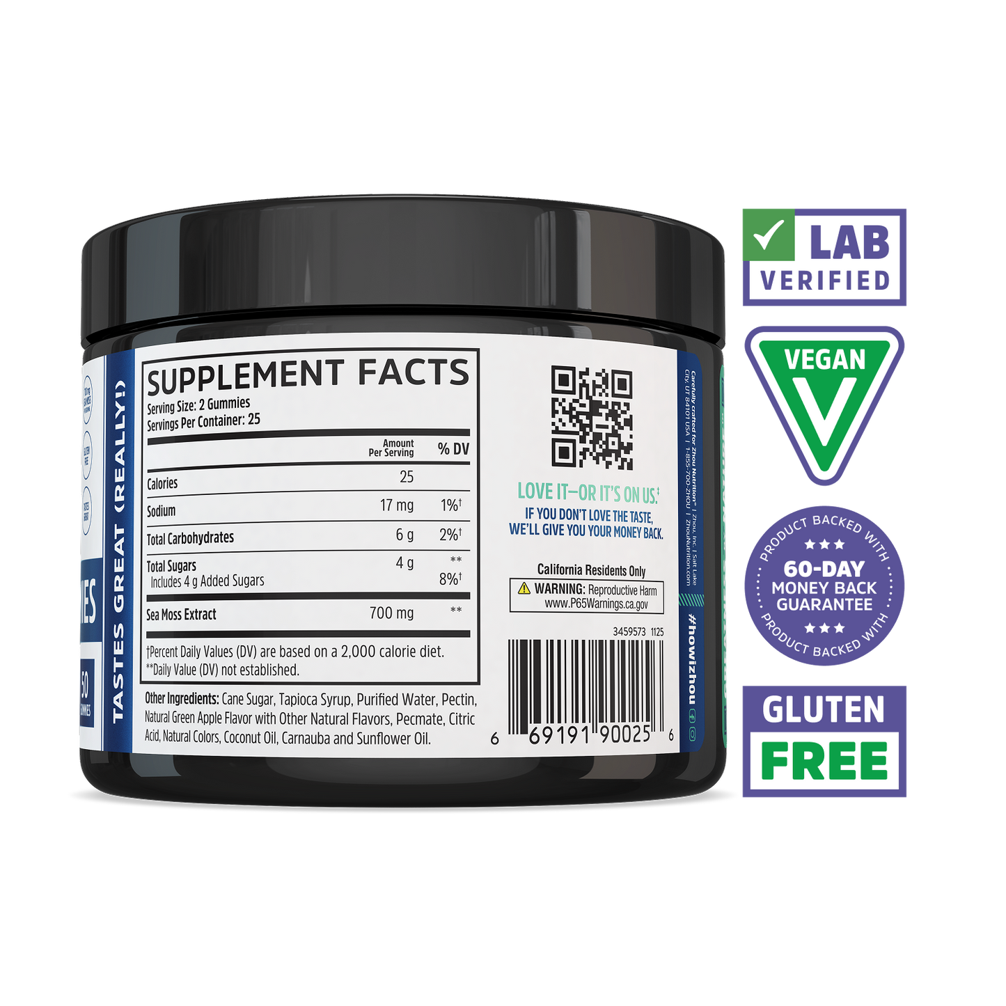 Zhou Nutrition Irish Sea Moss Gummies feature nutrition facts and badges for wellness, lab verified, vegan, and gluten free.