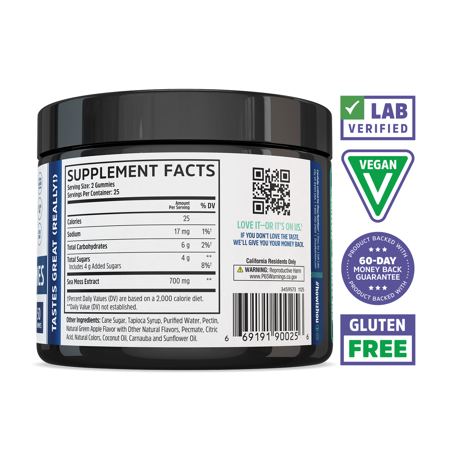 Zhou Nutrition Irish Sea Moss Gummies feature nutrition facts and badges for wellness, lab verified, vegan, and gluten free.
