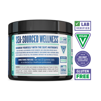 A jar labeled Zhou Nutrition Irish Sea Moss Gummies with vegan, gluten-free, and lab-verified badges, plus directions.