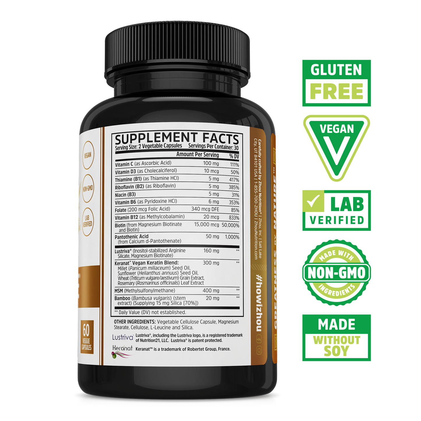 A Zhou Nutrition Hairfluence bottle shows its nutrition label with icons for biotin, hair growth, gluten free, and vegan.
