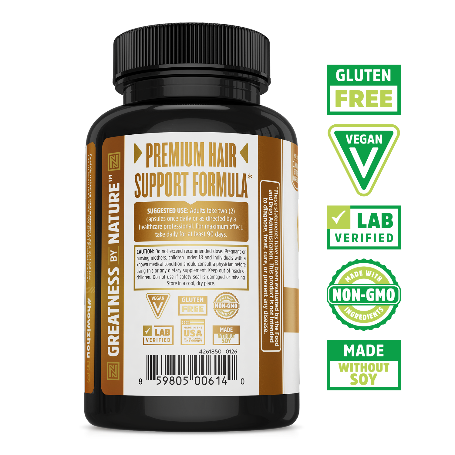Zhou Nutrition Hairfluence: Premium Hair Support with biotin; gluten free, vegan, and non-GMO.