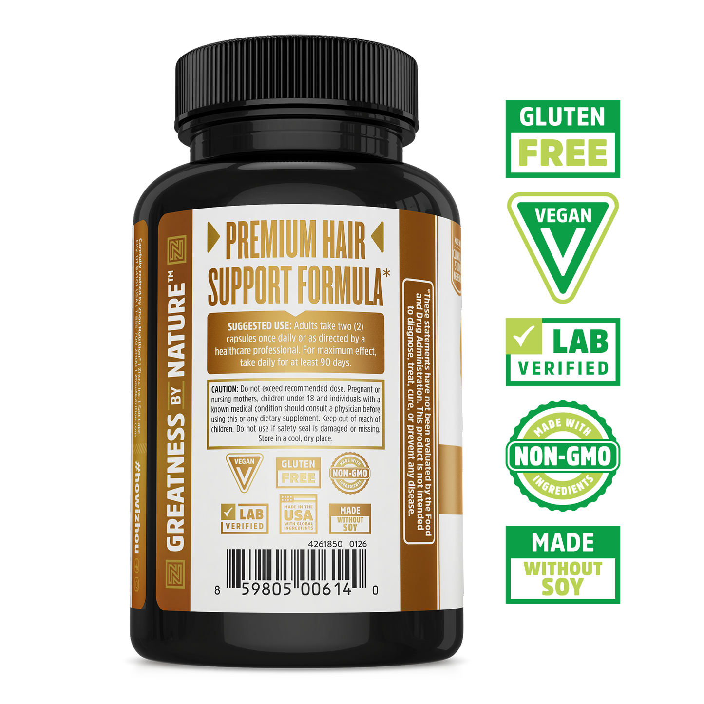 Zhou Nutrition Hairfluence: Premium Hair Support with biotin; gluten free, vegan, and non-GMO.