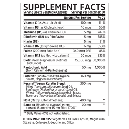 Hairfluence by Zhou Nutrition supplement facts label with biotin for hair growth, daily values, and other ingredients.