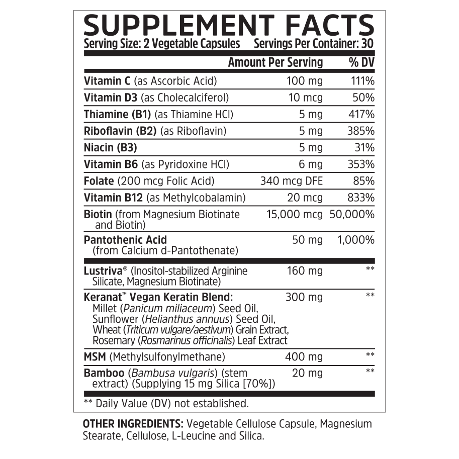 Hairfluence by Zhou Nutrition supplement facts label with biotin for hair growth, daily values, and other ingredients.