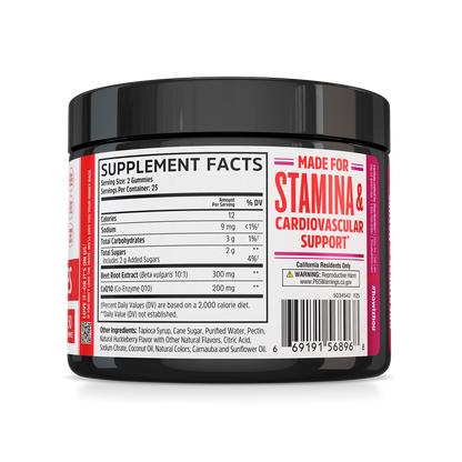 A jar of Zhou Nutrition CoQBeet Gummies with supplement facts, supporting stamina, heart health & cardiovascular support.