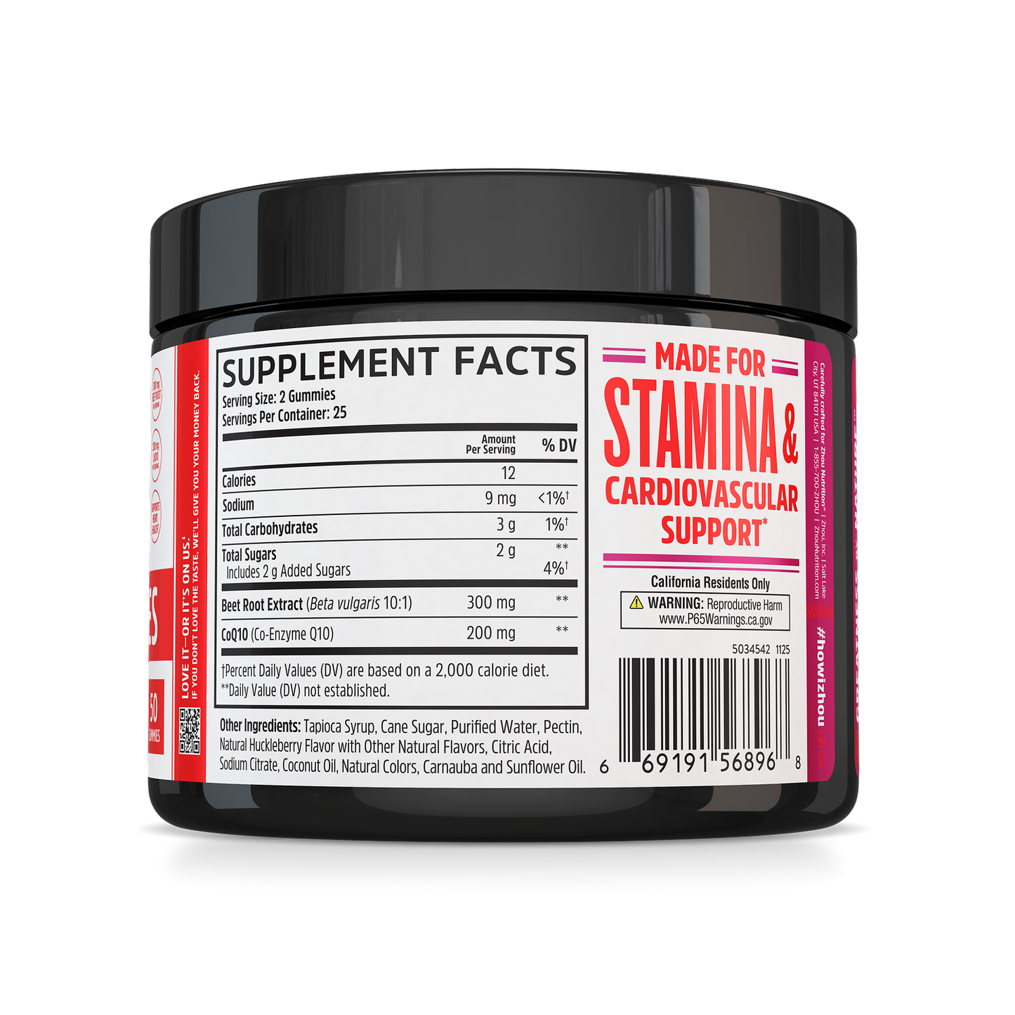A jar of Zhou Nutrition CoQBeet Gummies with supplement facts, supporting stamina, heart health & cardiovascular support.