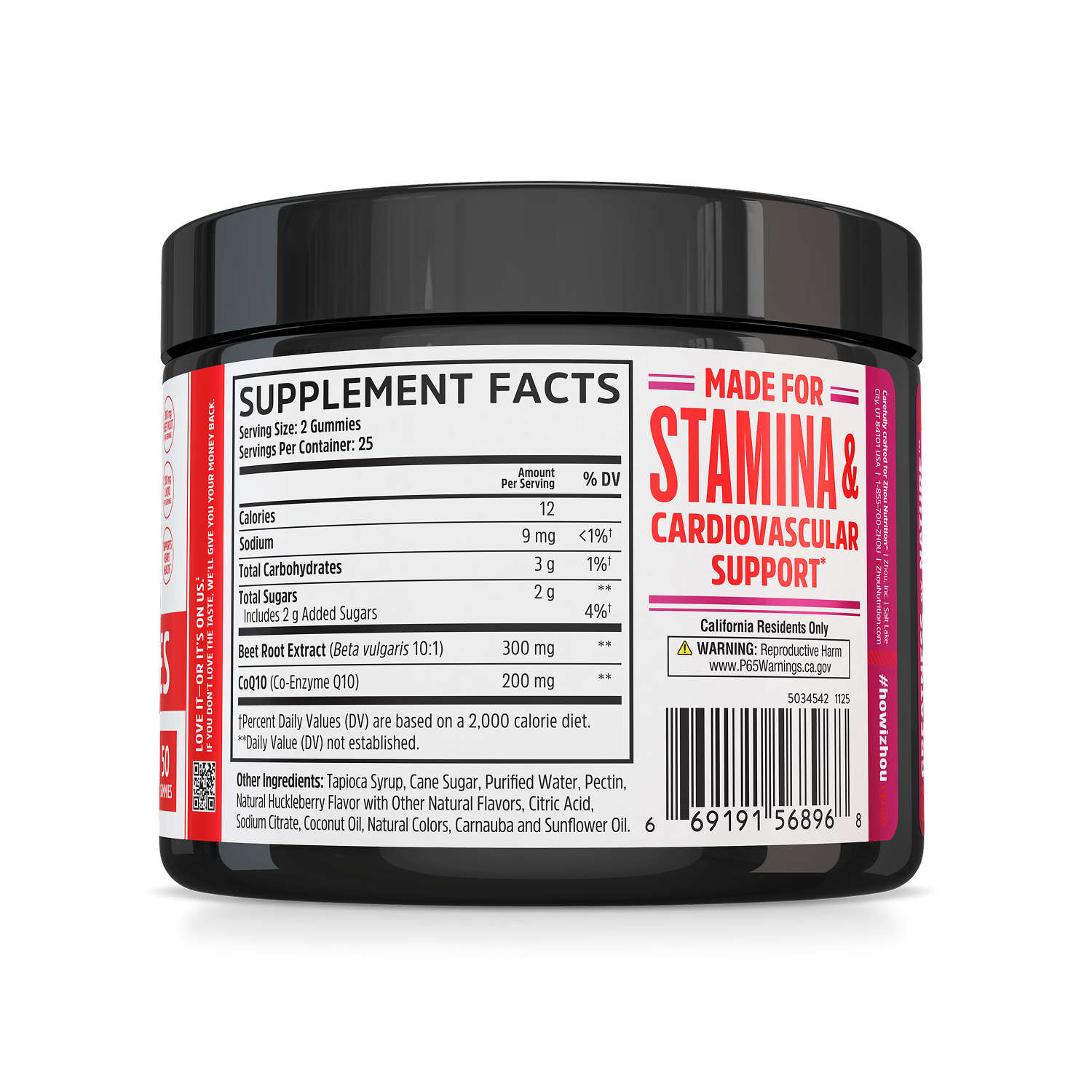 A jar of Zhou Nutrition CoQBeet Gummies with supplement facts, supporting stamina, heart health & cardiovascular support.