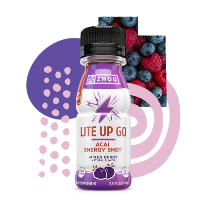 A 6-pack of Zhou Nutrition Lite Up GO acai energy shots with mixed berries and a purple abstract background.