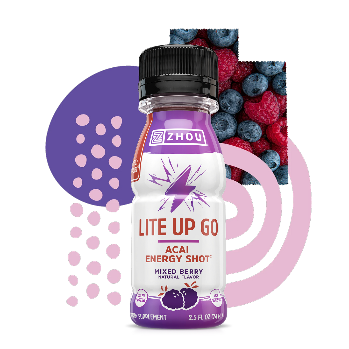 A 6-pack of Zhou Nutrition Lite Up GO acai energy shots with mixed berries and a purple abstract background.