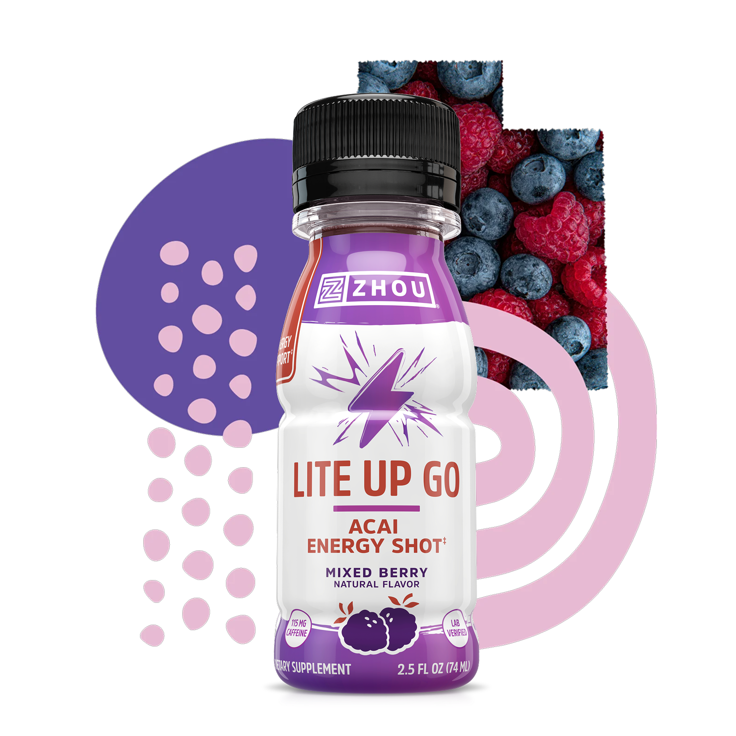 A 6-pack of Zhou Nutrition Lite Up GO acai energy shots with mixed berries and a purple abstract background.