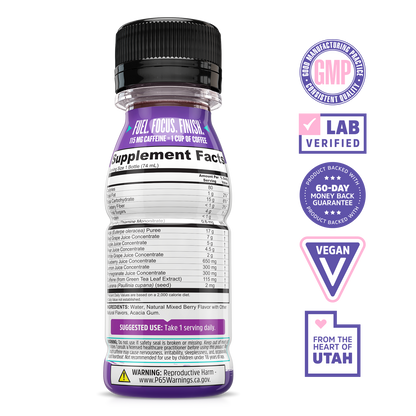 A Lite Up GO 6-Pack by Zhou Nutrition: purple acai energy drinks with nutrition facts, GMP, Lab Verified & Vegan badges.