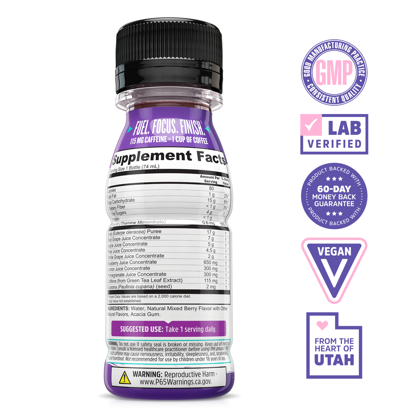 A Lite Up GO 6-Pack by Zhou Nutrition: purple acai energy drinks with nutrition facts, GMP, Lab Verified & Vegan badges.