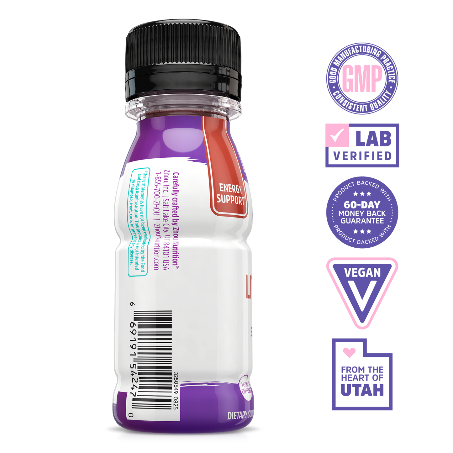 Lite Up GO 6-Pack by Zhou Nutrition: energy support, acai boost, vegan, GMP, lab verified, made in Utah.