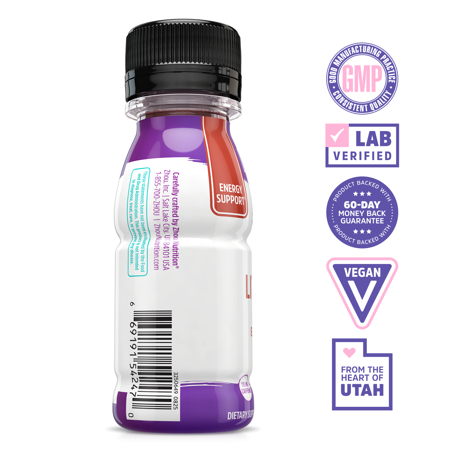 Lite Up GO 6-Pack by Zhou Nutrition: energy support, acai boost, vegan, GMP, lab verified, made in Utah.