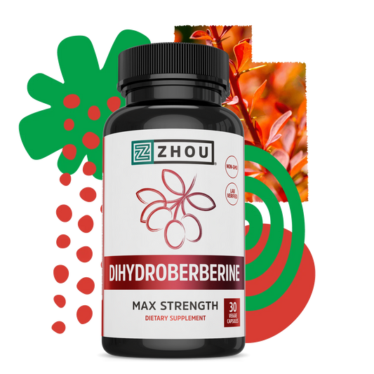 A bottle of Zhou Nutrition Dihydroberberine supplement, with colorful abstract shapes in the background.