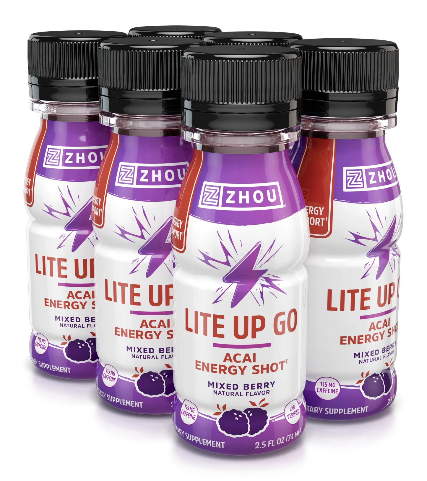 Six bottles of Zhou Nutrition Lite Up GO energy shots in mixed berry flavor, placed closely together.