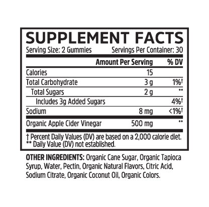 Zhou Nutrition Apple Cider Vinegar Gummies: nutrition facts, probiotics, and metabolism support ingredients listed.