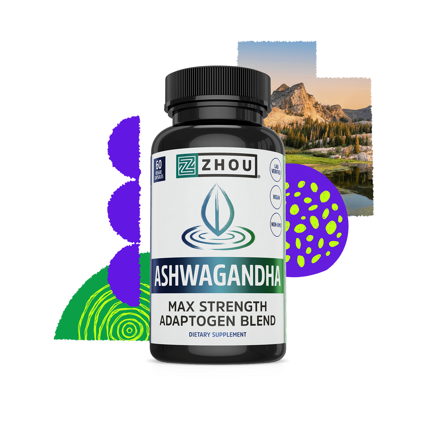 A Zhou Nutrition Ashwagandha bottle featuring nature graphics, emphasizing adaptogens and stress relief benefits.