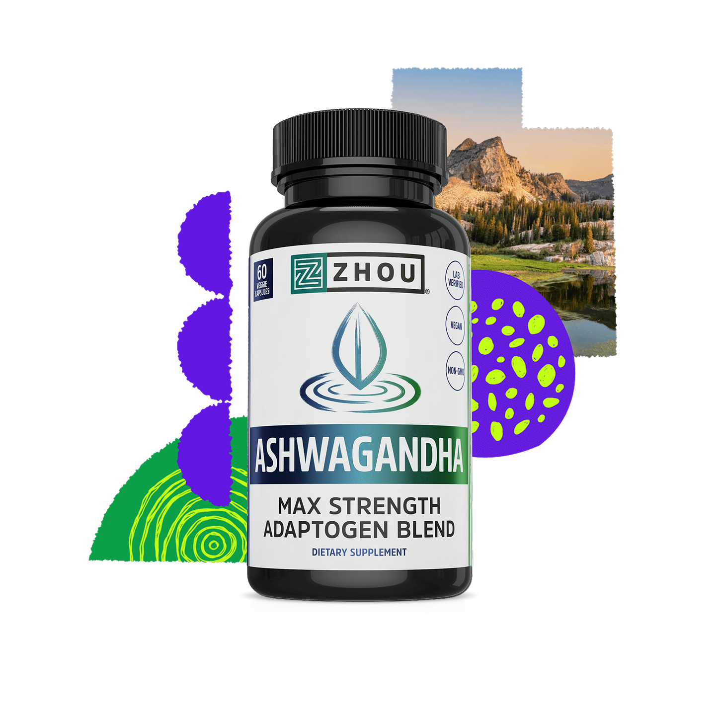 A Zhou Nutrition Ashwagandha bottle featuring nature graphics, emphasizing adaptogens and stress relief benefits.