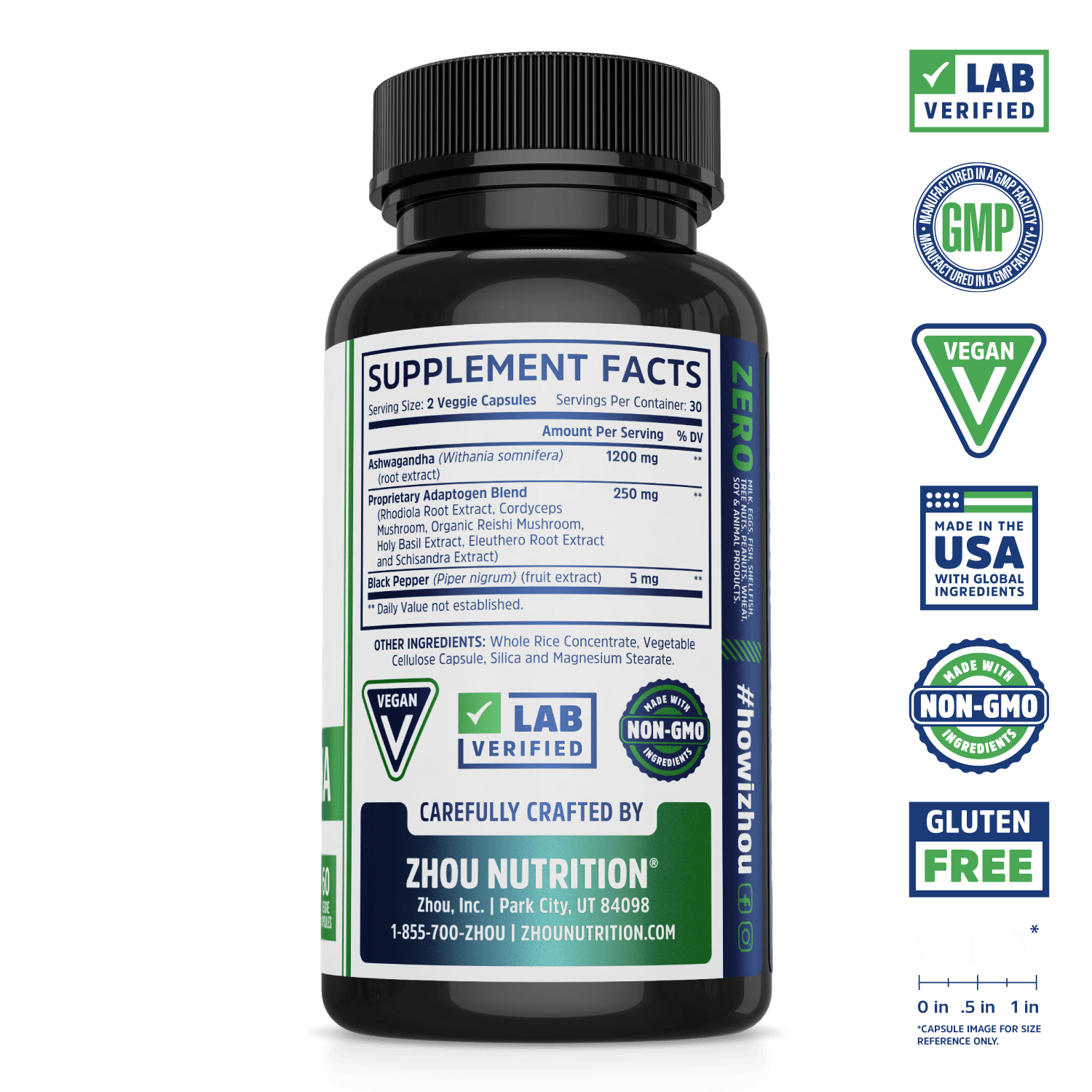 Black Zhou Nutrition Ashwagandha supplement bottle with label showing supplement facts and vegan, non-GMO, gluten-free icons.