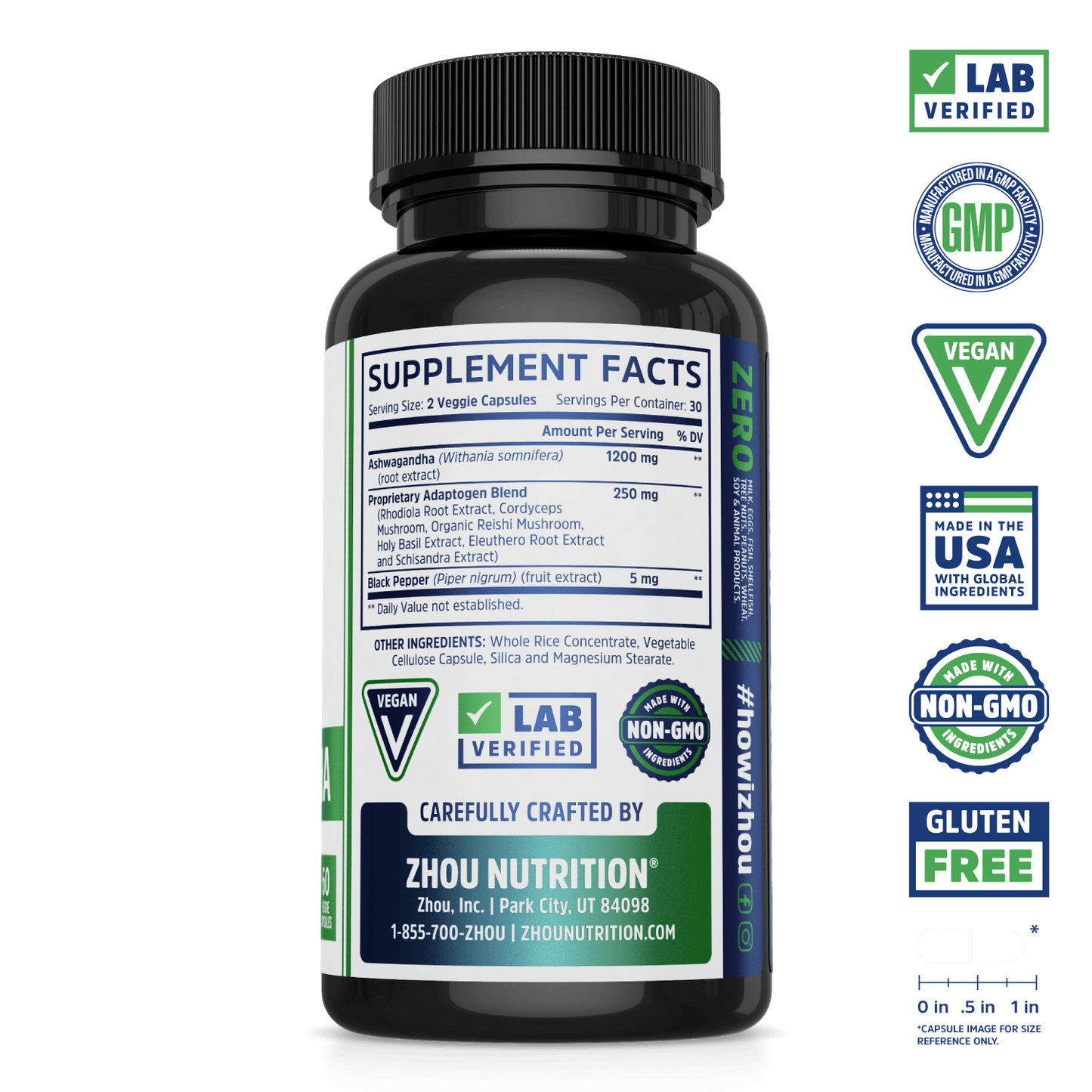 Black Zhou Nutrition Ashwagandha supplement bottle with label showing supplement facts and vegan, non-GMO, gluten-free icons.