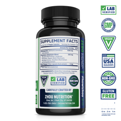 Black Zhou Nutrition Ashwagandha supplement bottle with label showing supplement facts and vegan, non-GMO, gluten-free icons.