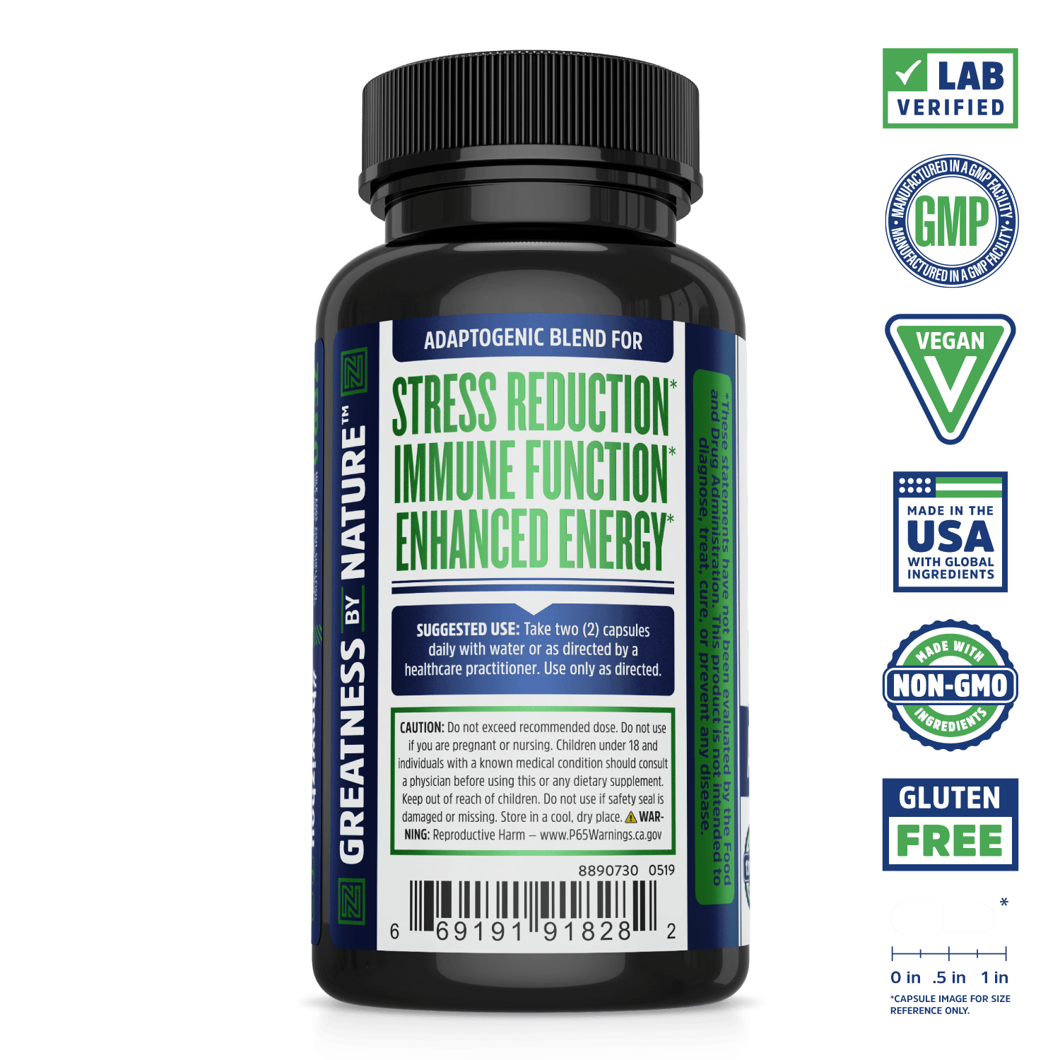 Zhou Nutrition Ashwagandha bottle for stress, immune support, and energy, featuring adaptogen certification icons.