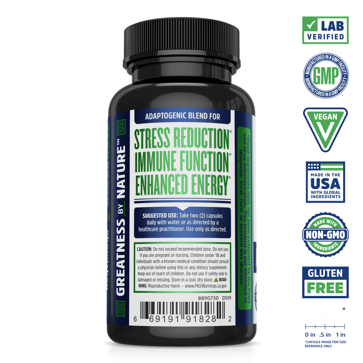 Zhou Nutrition Ashwagandha bottle for stress, immune support, and energy, featuring adaptogen certification icons.
