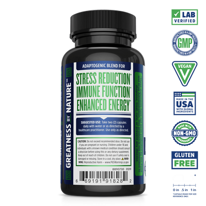 Zhou Nutrition Ashwagandha bottle for stress, immune support, and energy, featuring adaptogen certification icons.