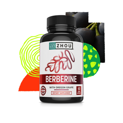 Zhou Nutrition Berberine with Oregon Grape for blood sugar support, shown with colorful shapes and grapes in the background.