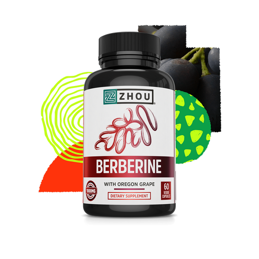 Zhou Nutrition Berberine with Oregon Grape for blood sugar support, shown with colorful shapes and grapes in the background.