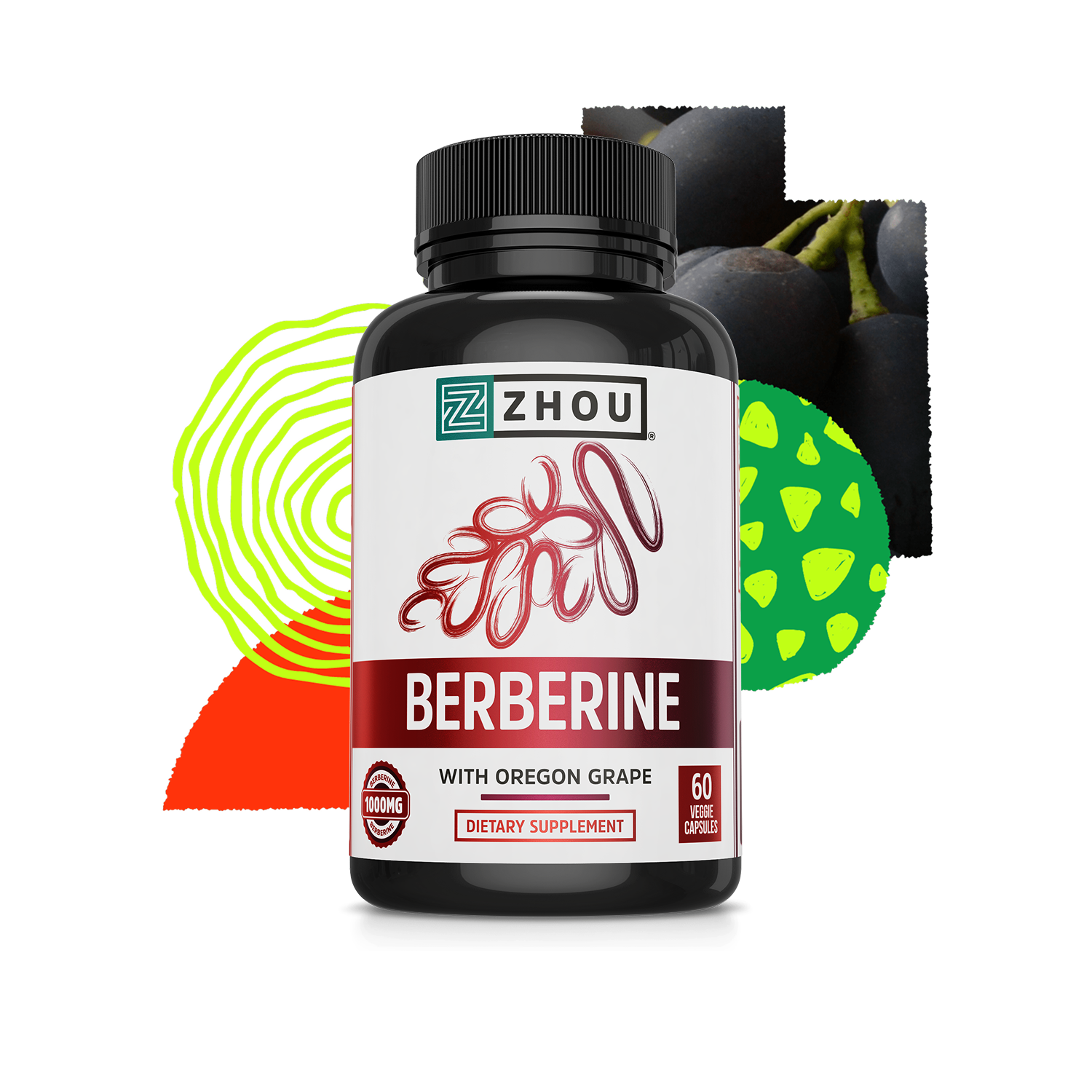 Zhou Nutrition Berberine with Oregon Grape for blood sugar support, shown with colorful shapes and grapes in the background.