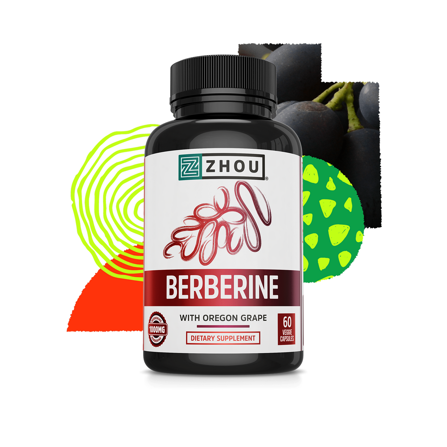 Zhou Nutrition Berberine with Oregon Grape for blood sugar support, shown with colorful shapes and grapes in the background.