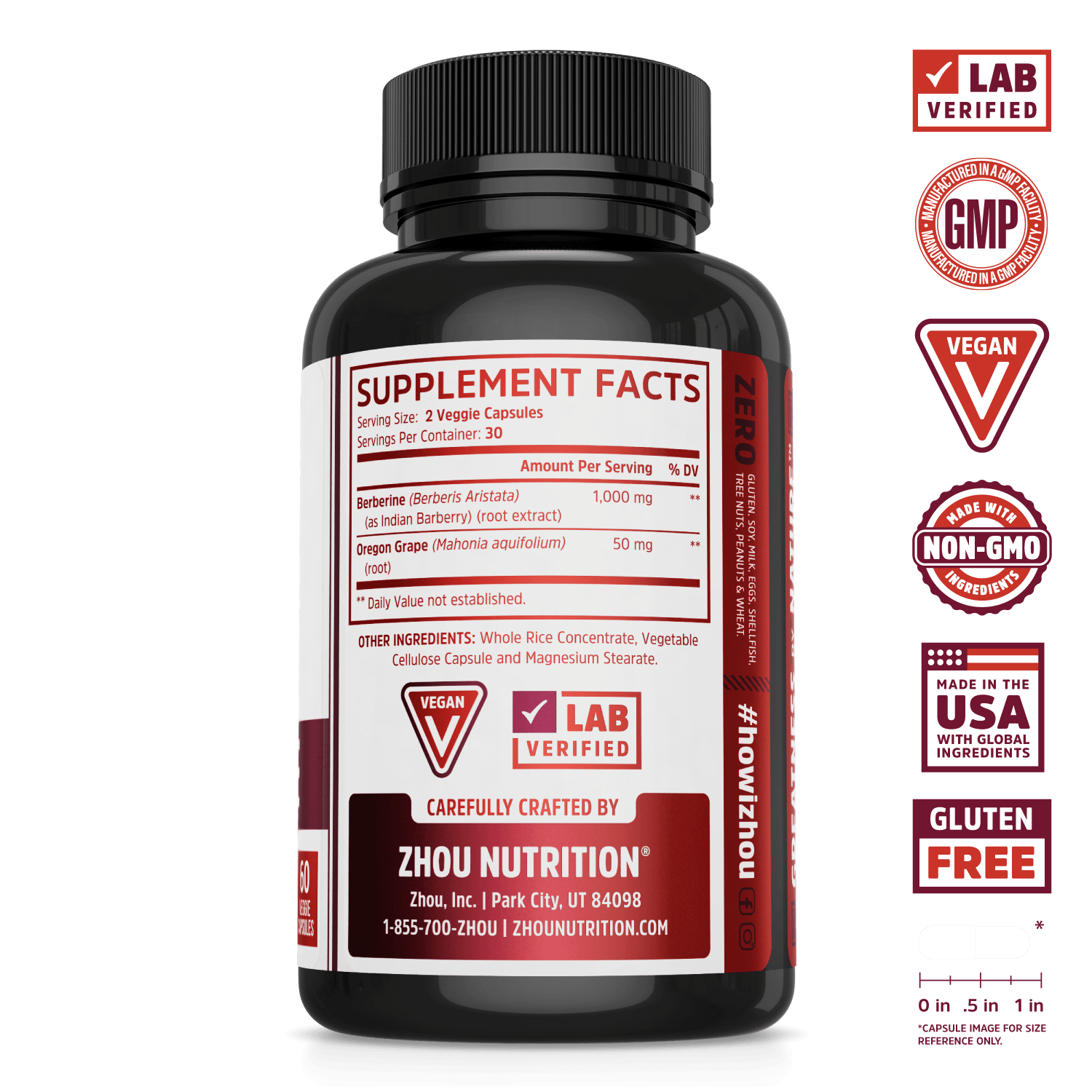 Zhou Nutrition Berberine with Oregon Grape, with icons for blood sugar and digestive health support.