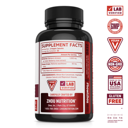 Zhou Nutrition Berberine with Oregon Grape, with icons for blood sugar and digestive health support.