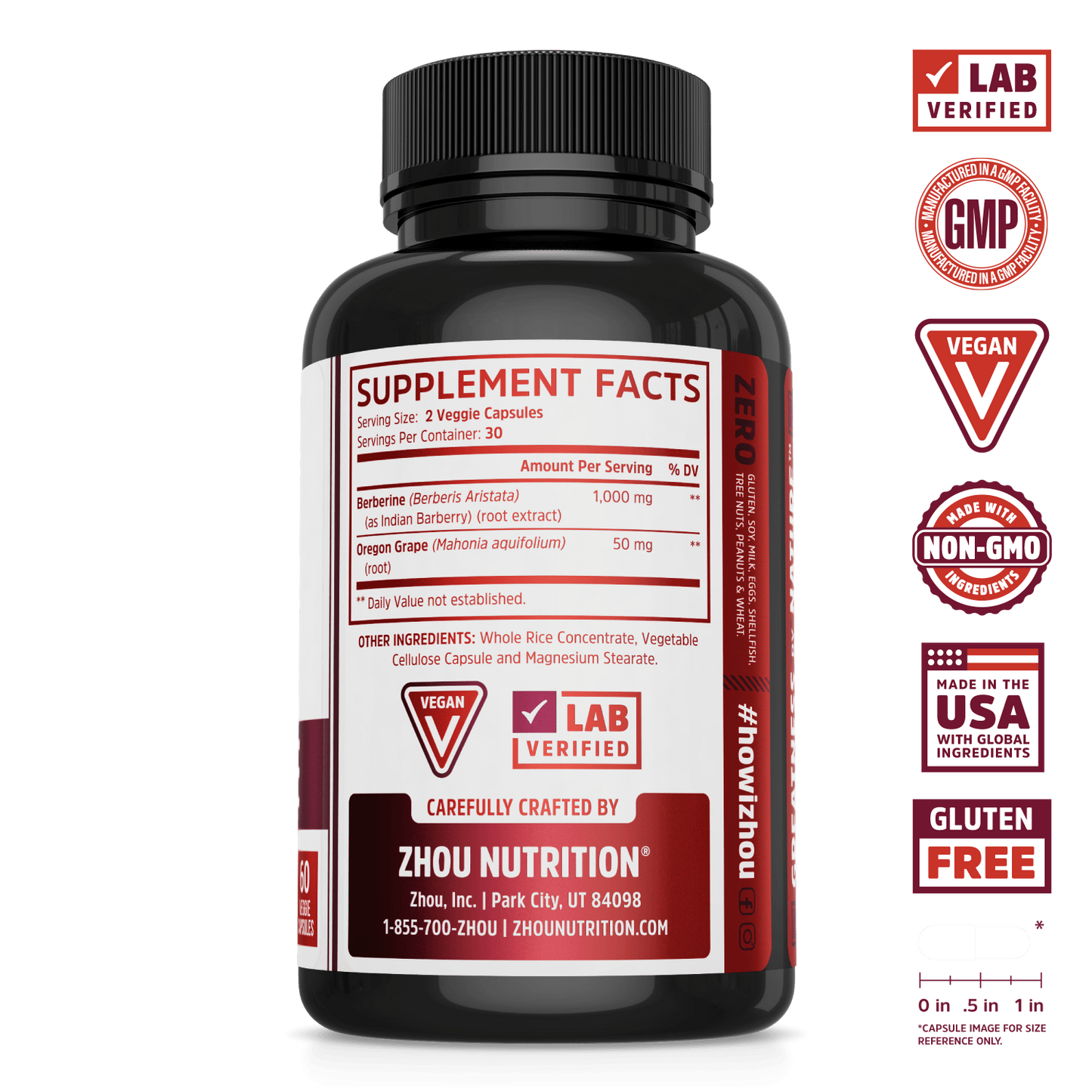 Zhou Nutrition Berberine with Oregon Grape, with icons for blood sugar and digestive health support.