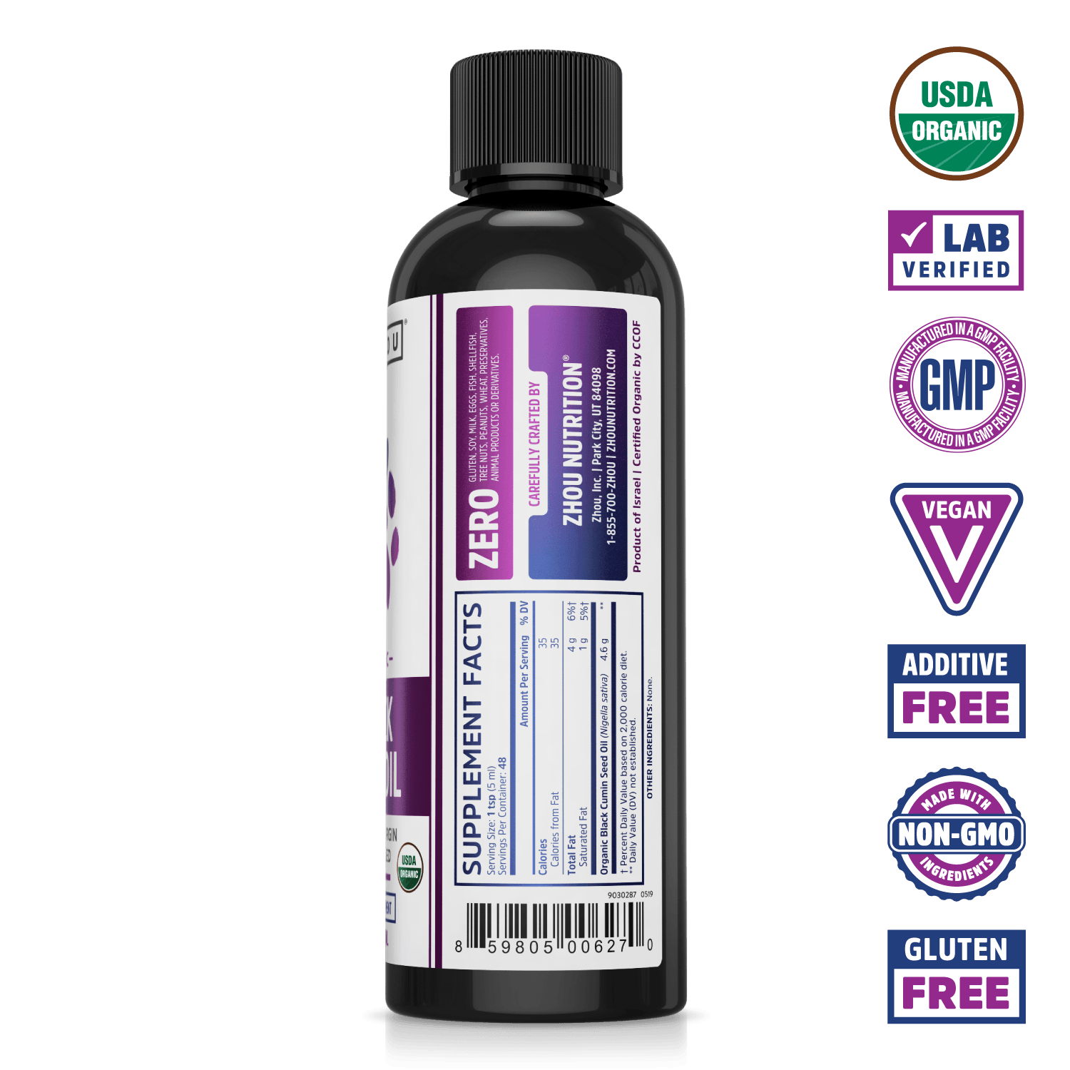 Zhou Nutrition Black Seed Oil Liquid bottle with nutrition facts, plus icons for organic, vegan, and lab tested.