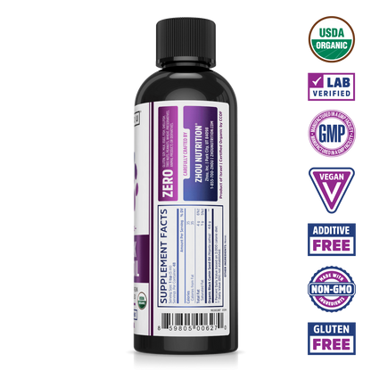 Zhou Nutrition Black Seed Oil Liquid bottle with nutrition facts, plus icons for organic, vegan, and lab tested.