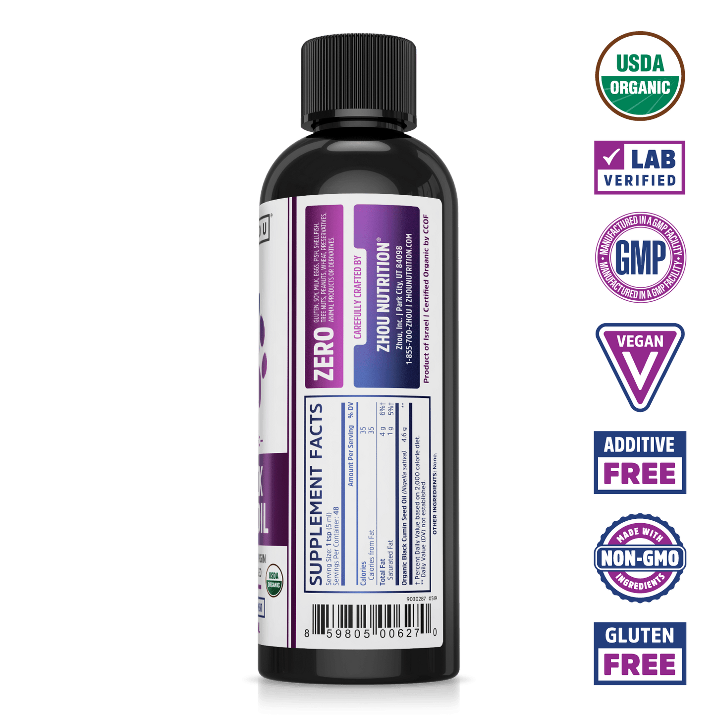 Zhou Nutrition Black Seed Oil Liquid bottle with nutrition facts, plus icons for organic, vegan, and lab tested.