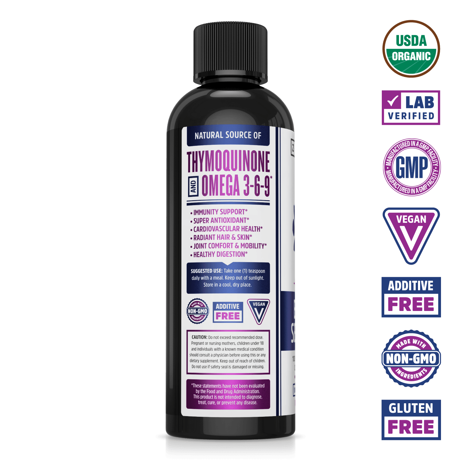 Black Seed Oil Liquid by Zhou Nutrition in a black bottle, USDA Organic & Vegan certified, with Omega 3-6-9 on label.