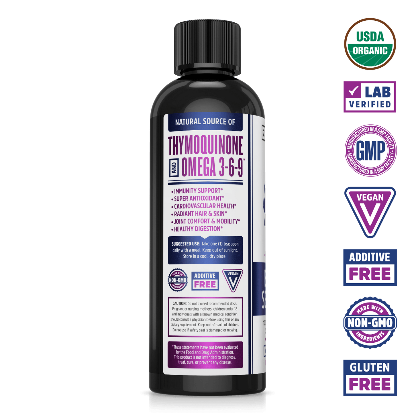 Black Seed Oil Liquid by Zhou Nutrition in a black bottle, USDA Organic & Vegan certified, with Omega 3-6-9 on label.